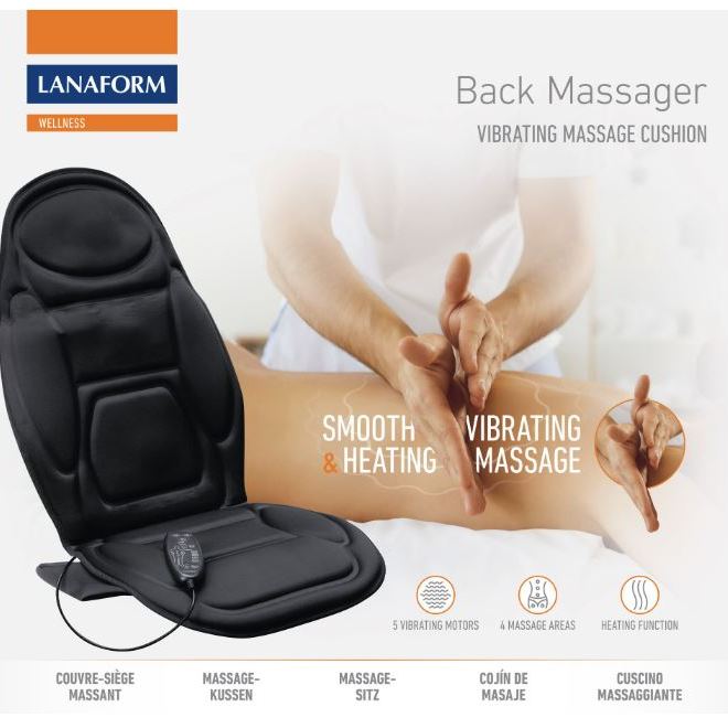 Lanaform vibrating back massage cushion with smooth vibration and heating, featuring multiple massage zones and motors for full back, hip and thigh relaxation, ideal for pain relief, muscle relaxation and stress reduction at home or in the car.