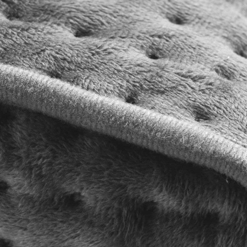 Close-up of the soft grey plush lining and padded fabric of a Lanaform electric heated foot warmer, showing the cosy textured material designed to retain heat, enhance comfort, and gently warm cold feet.