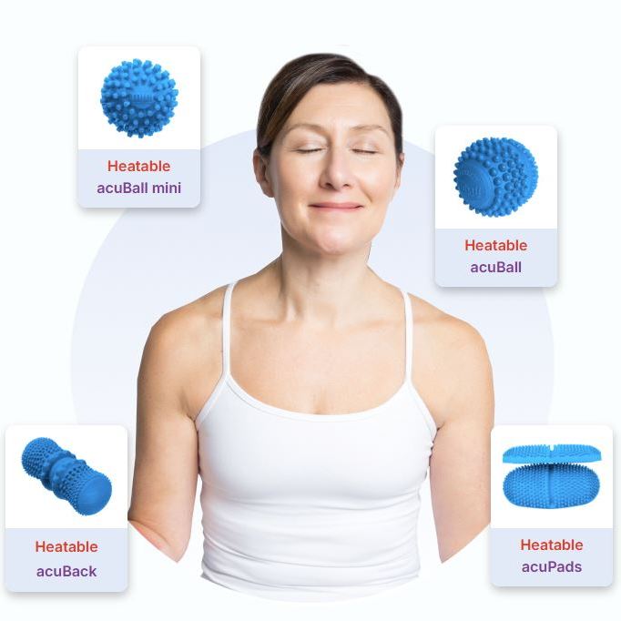 Dr. Cohen’s Acuball Whole Body Healing Kit. Dr Cohen’s heatable wellness product range shown around a seated woman, including AcuBall mini, AcuBall, AcuBack, and AcuPads, displayed as individual blue textured tools on a white background.