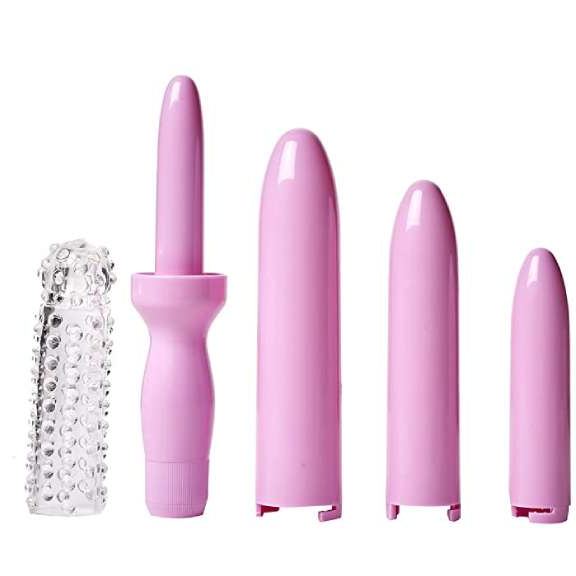 Dr. Laura Berman vaginal dilator set showing four graduated pink dilators with optional vibrating handle and textured silicone sleeve, designed for pelvic floor therapy, vaginismus support, and vaginal stenosis rehabilitation.