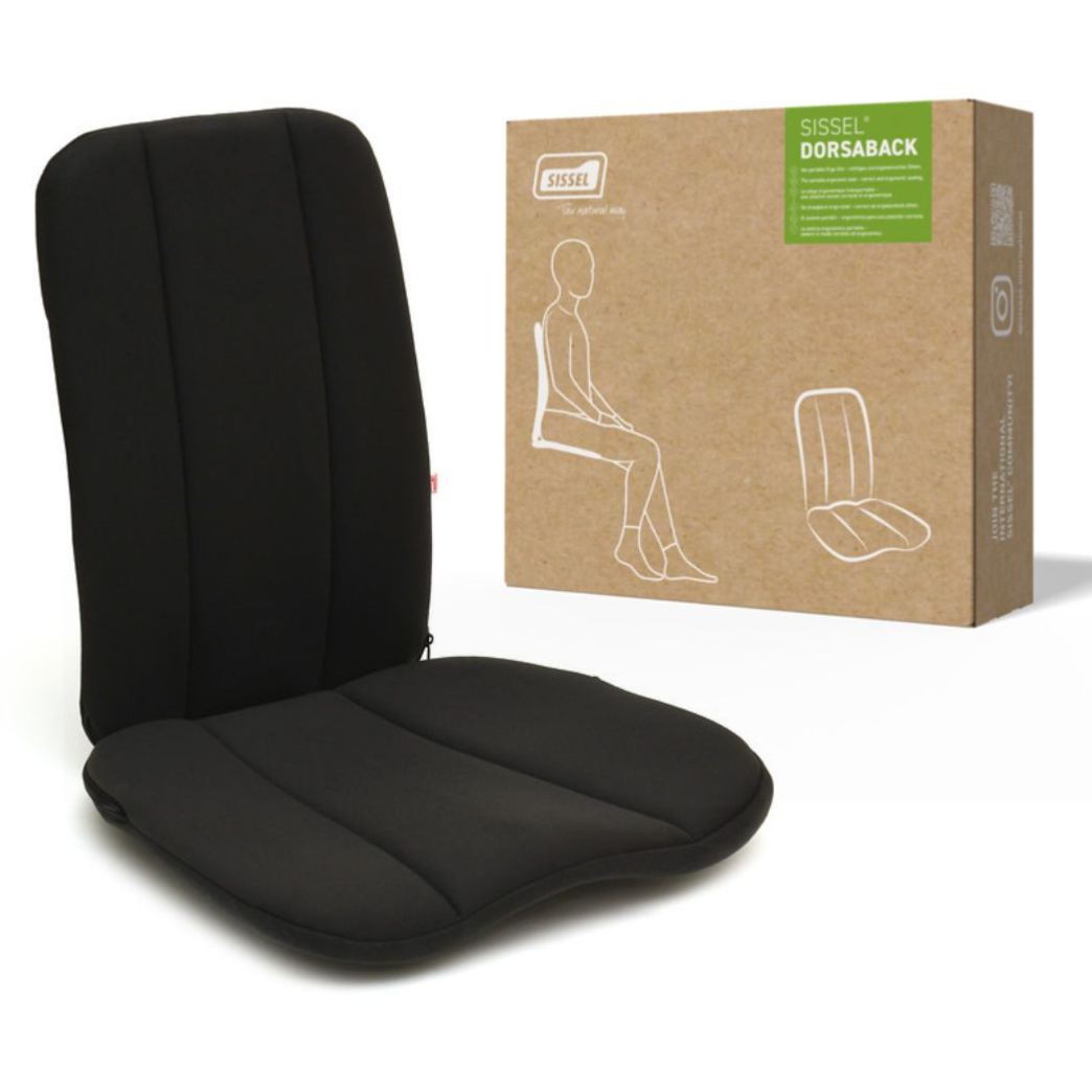 Sissel DorsaBack ergonomic chair back support with packaging, designed to improve posture and relieve lower back pain when sitting on office chairs, sofas or car seats.