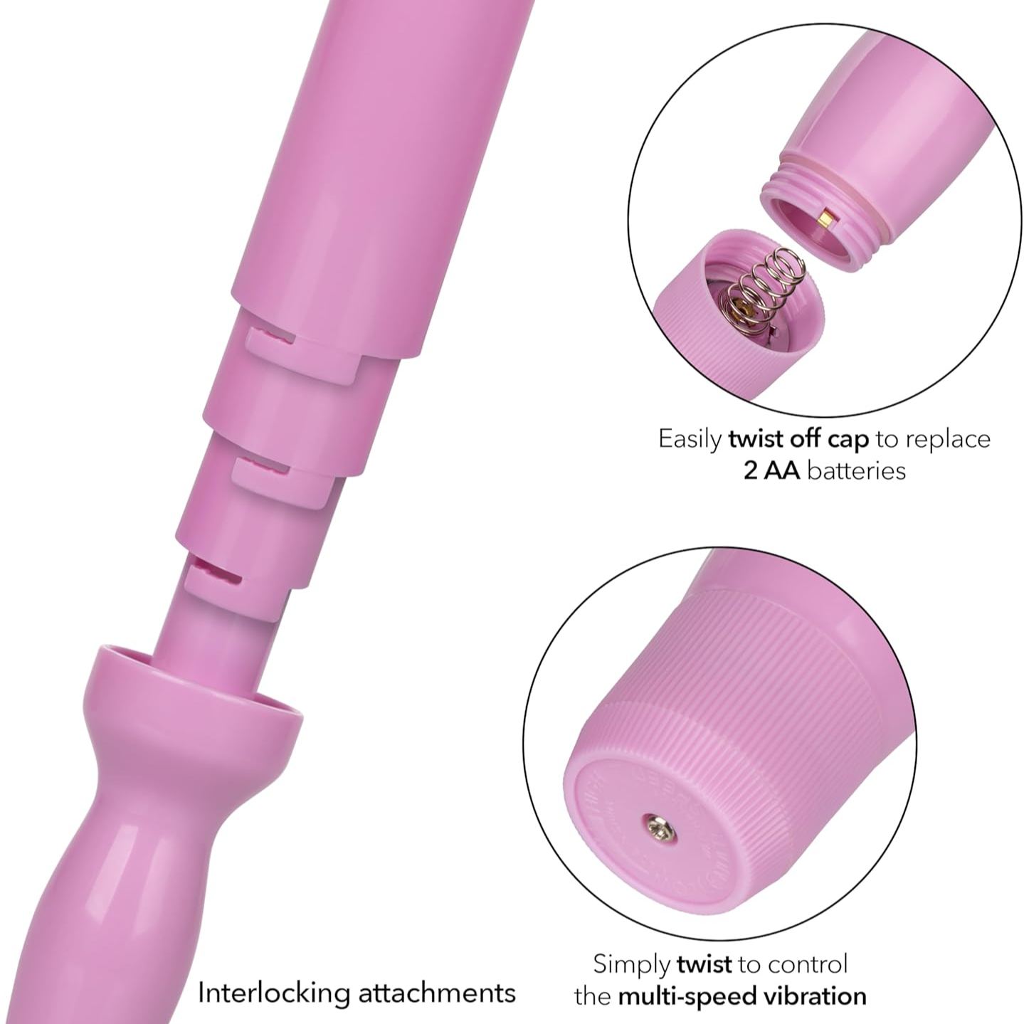 Close-up of pink vibrating vaginal dilator handle showing interlocking attachments, twist-off battery cap for 2 AA batteries, and twist control for adjustable multi-speed vibration, designed for pelvic floor therapy, vaginismus treatment, and vaginal dilation use.