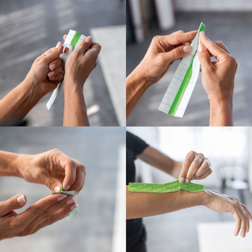 Step-by-step demonstration of applying EPIFLOW kinesiology tape, showing activation flap preparation, peeling backing paper, and correct placement on the forearm for deep tissue stimulation, fascia mobilisation, lymphatic drainage and physiotherapy use.