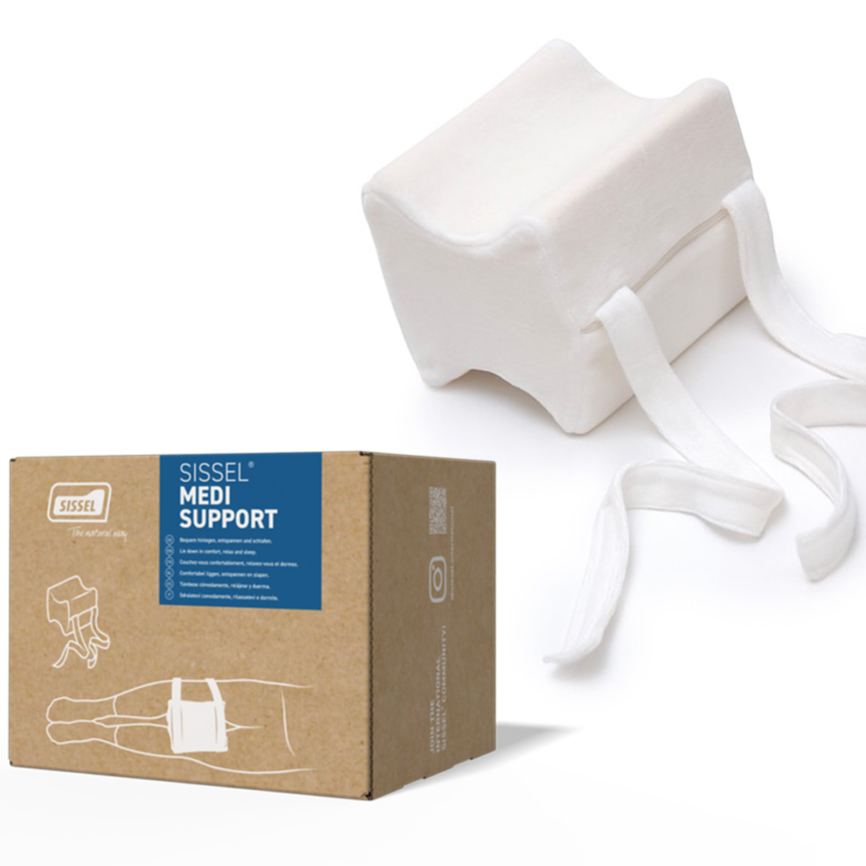 SISSEL Medi Position Support knee and hip positioning cushion with adjustable strap and retail box, ergonomic side-sleeping support for spinal alignment, joint pain relief and post-surgery recovery.