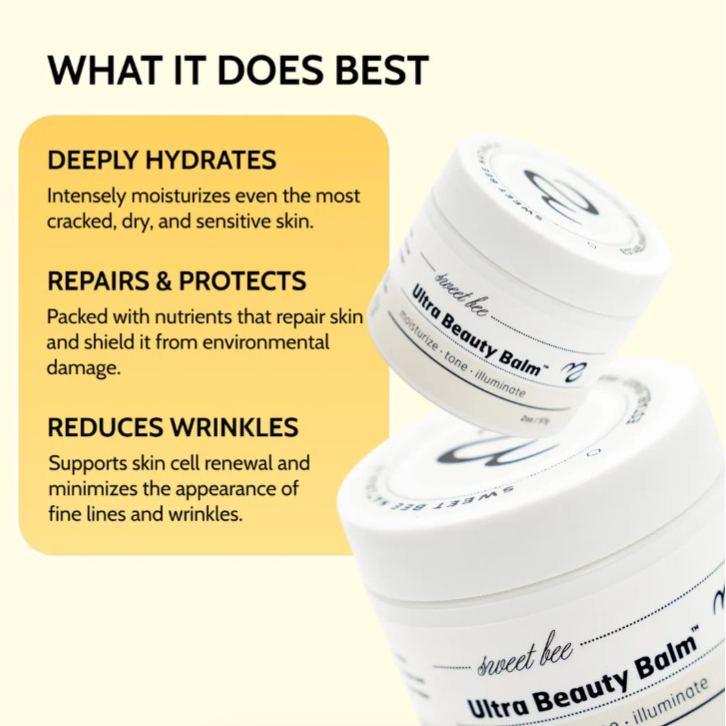Sweet Bee Naturals Ultra Beauty Balm jars with graphic highlighting benefits: deeply hydrates dry and sensitive skin, repairs and protects from environmental damage, and helps reduce the appearance of fine lines and wrinkles.