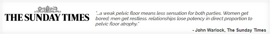 How Kegels Link To Sex In The Sunday Times. The Sunday Times quote about weakened pelvic floor causing reduced sensation, restlessness, and declining relationship potency, attributed to John Warlock.