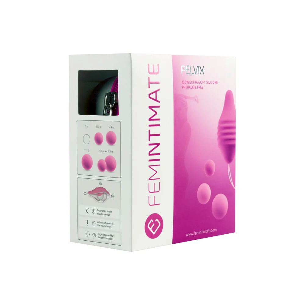 Femintimate Pelvix pelvic floor muscle trainer packaging with vaginal weights set, silicone pelvic health device for Kegel exercises and incontinence support.