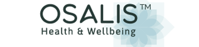 OSALIS Health & Wellbeing brand logo featuring clean dark-teal lettering and a faded teal floral geometric shape on the right.
