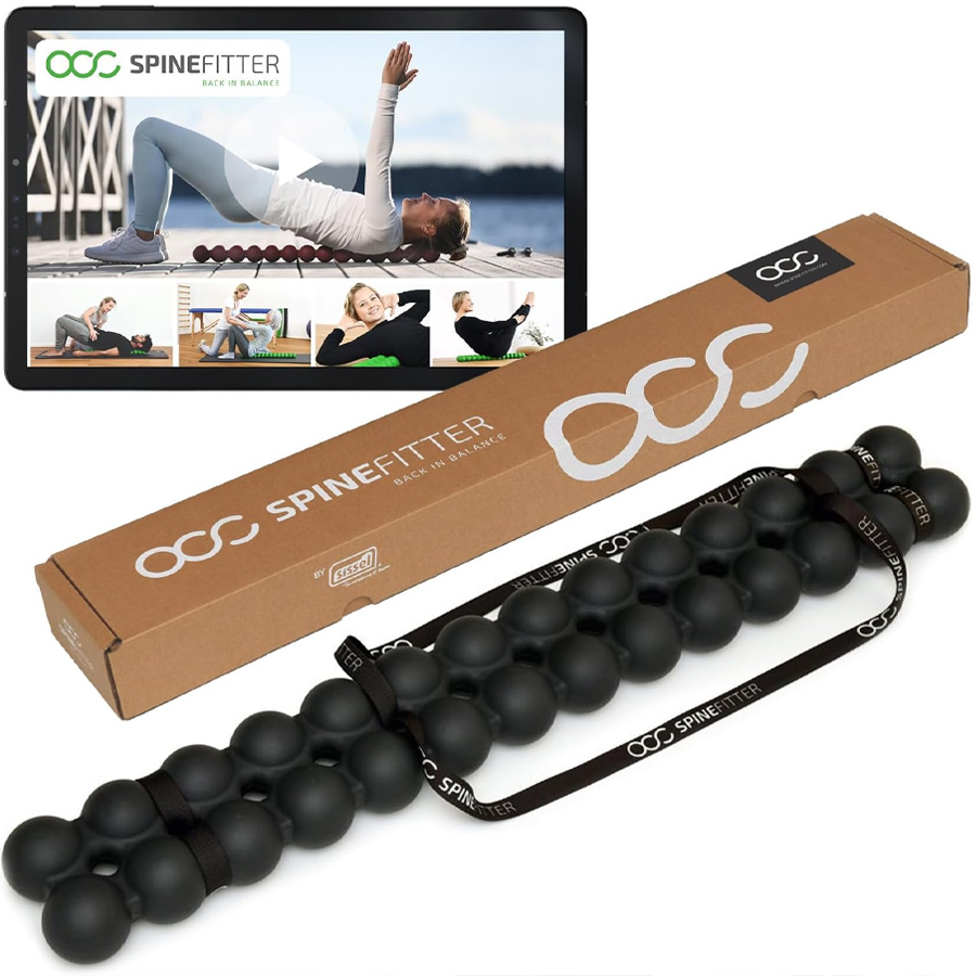 Spinefitter by Sissel spinal massage and mobility tool with dual pressure balls, storage box, and exercise guide for back pain relief, posture improvement, and spinal alignment