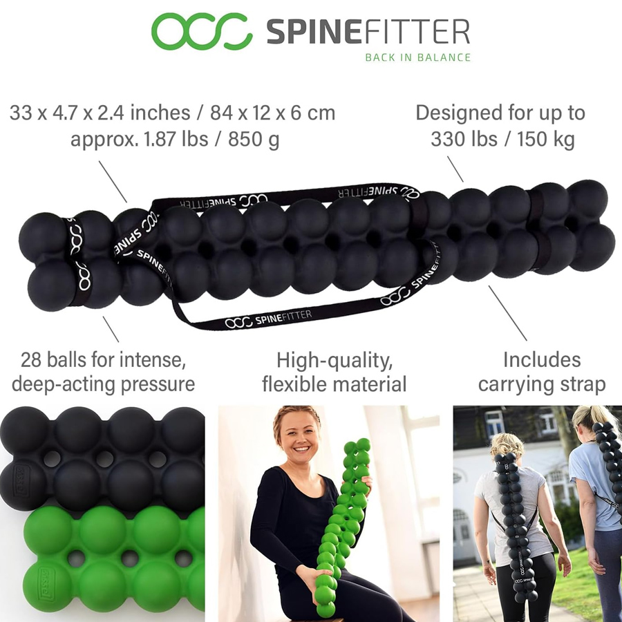“Spinefitter by Sissel spinal mobility and massage tool with 28 pressure balls, flexible ergonomic design, carrying strap, and weight capacity up to 150kg for back pain relief, posture correction, and spinal alignment