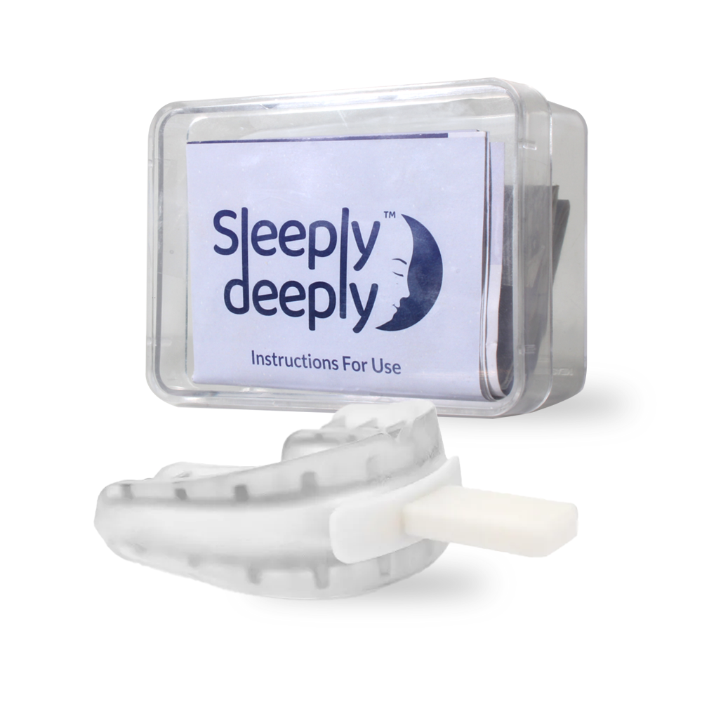 Sleeply Deeply Anti Snoring Bite-To-Fit Mouth Guard reduces snoring and mild sleep apnoea by gently advancing the jaw. Custom boil-and-bite fit, body-safe material, reusable case included—for quieter nights and better sleep.