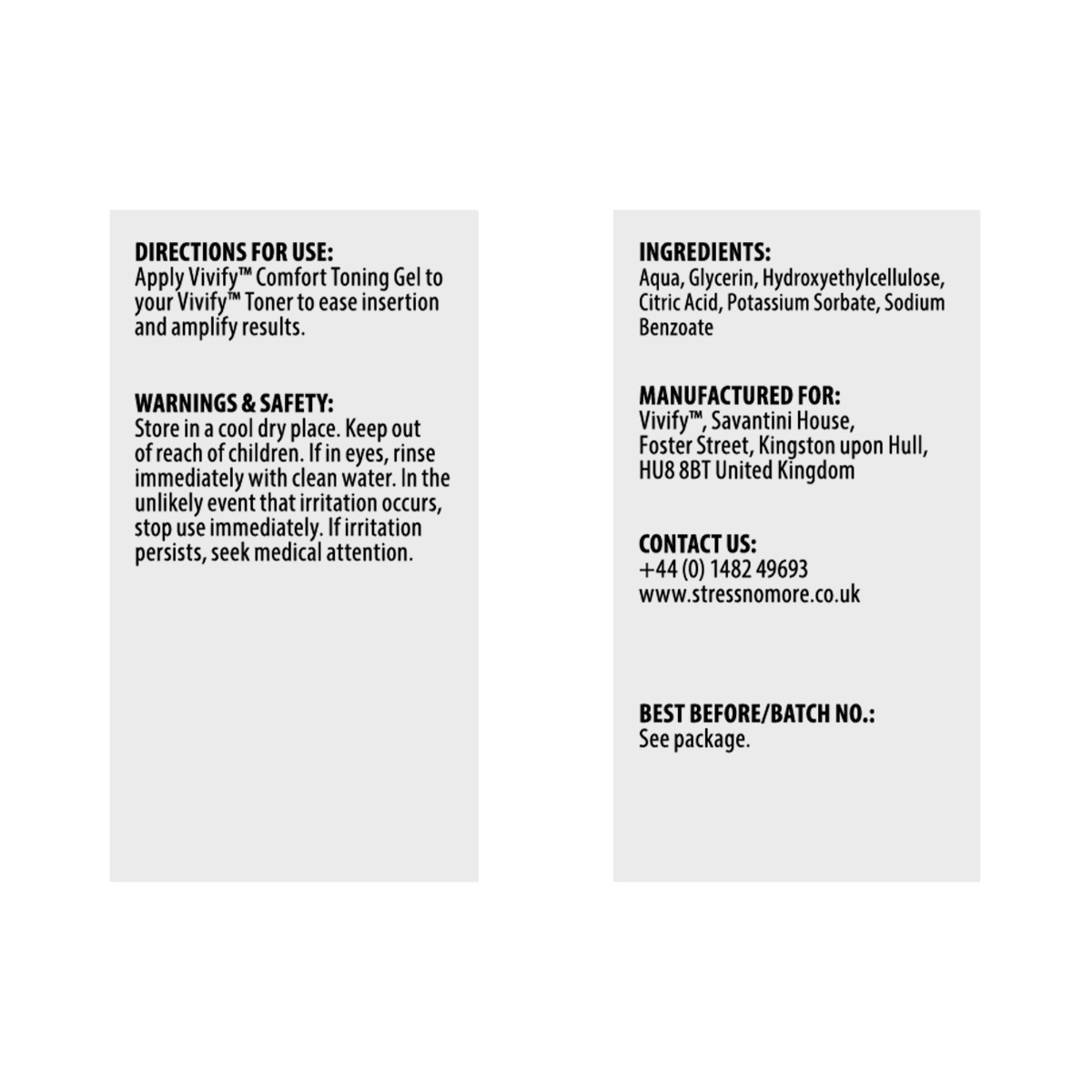 Information graphic for the Vivify Comfort Toning Gel, showing directions for use, safety warnings, ingredients list, manufacturer details and contact information.