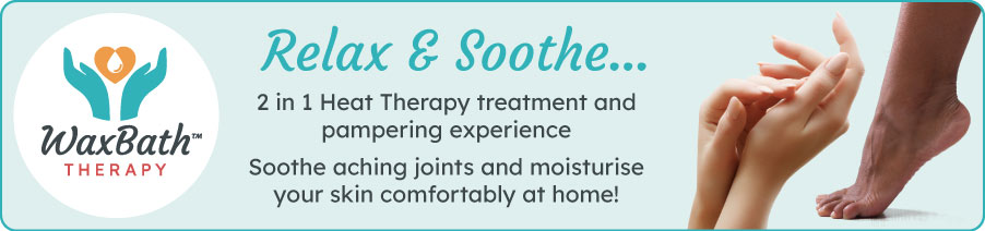 WaxBath Therapy banner featuring hands and feet with text promoting relaxing 2-in-1 heat therapy that soothes aching joints and moisturises skin at home.