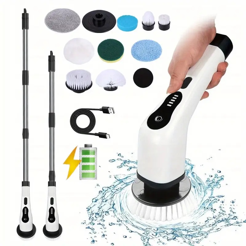 9 az 1-ben elektromos tisztítókefe, vezeték nélküli elektromos centrifuga kefe 9 cserélhető kefefejjel - állítható, meghosszabbított nyél - fürdőszobához, konyhához, autóhoz, csempe, fal, padló, fürdőkád, fugatisztítás, zuhany súroló