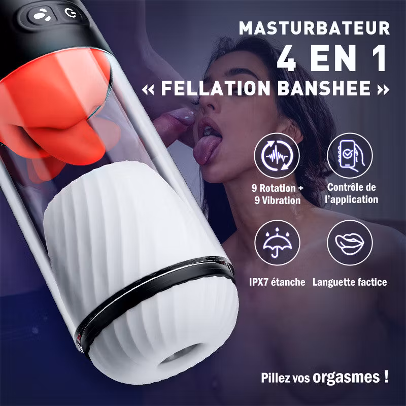 Masturbator 4 w 1 do seksu oralnego Banshee, odłączany, 9 obrotów, 9 wibracji, IPX7