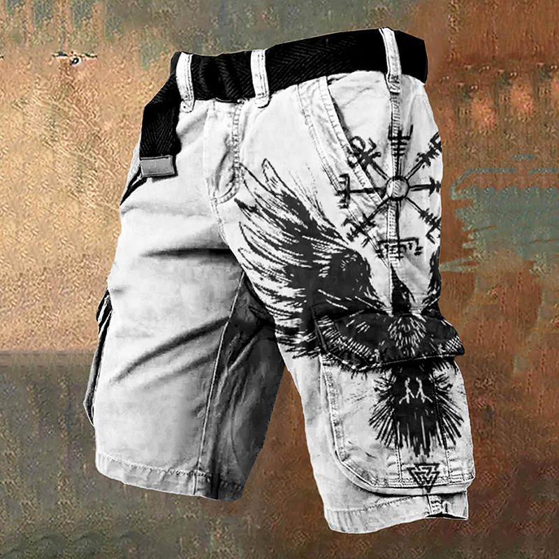 Men'S Retro Viking Rune Birds Art Graphic Cargo Shorts