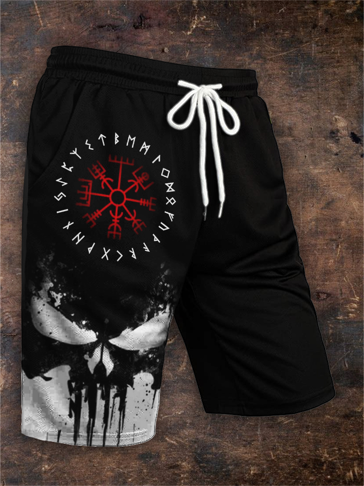 Men's Viking Vegvisir Skull Contrast Drawstring Shorts