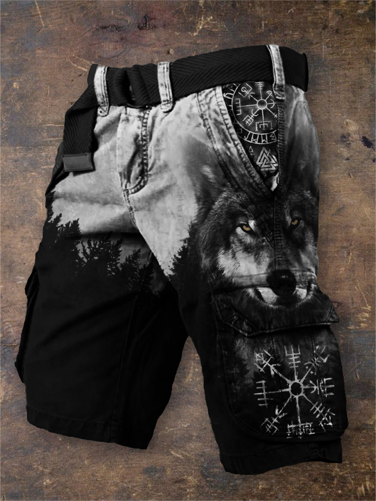 Men's Viking Vegvisir Wild Wolf Forest Contrast Cargo Shorts