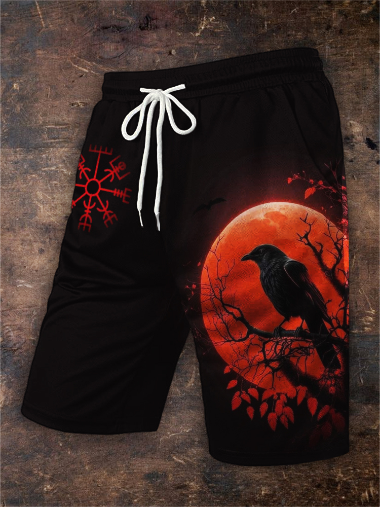 Men's Viking Vegvisir Full Moon Night Raven Shorts