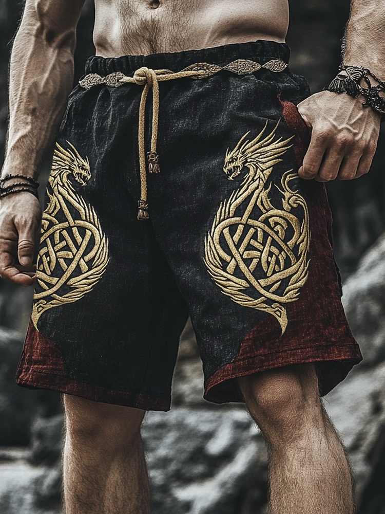 Viking Celtic Dragon Totem Vintage Men's Linen Shorts