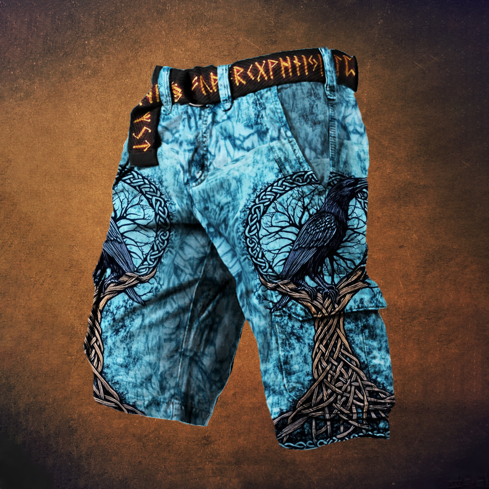 Tree Of Life & Raven Viking Rune Pattern Men's Casual Shorts