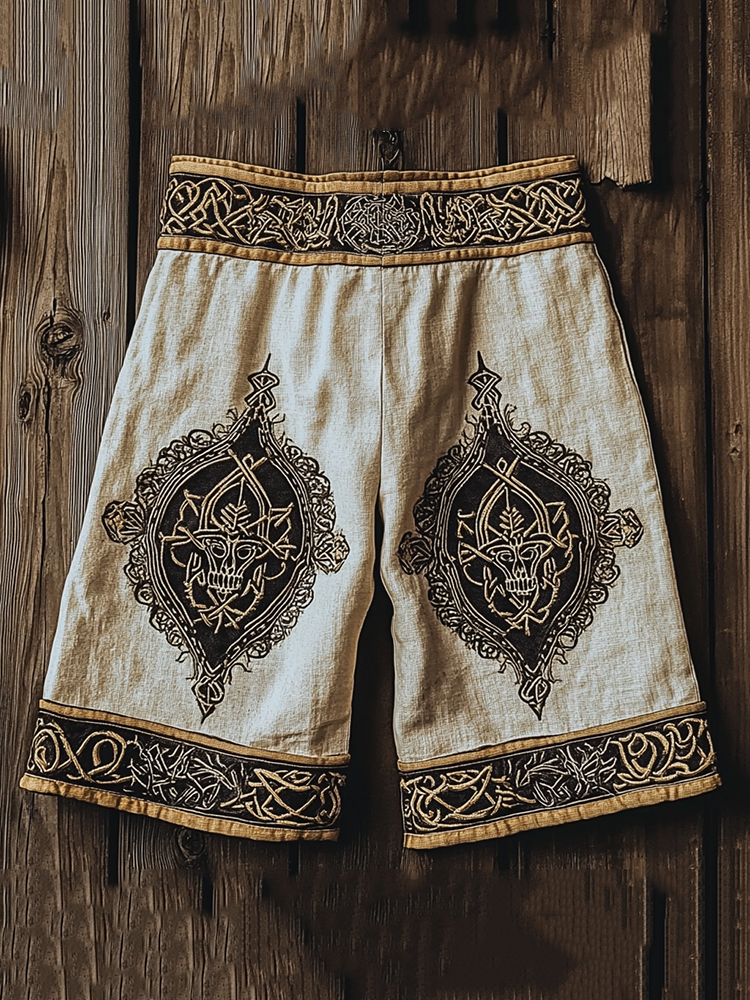 Men's Viking Skull Celtic Knot Embroidered Casual Cropped Pants