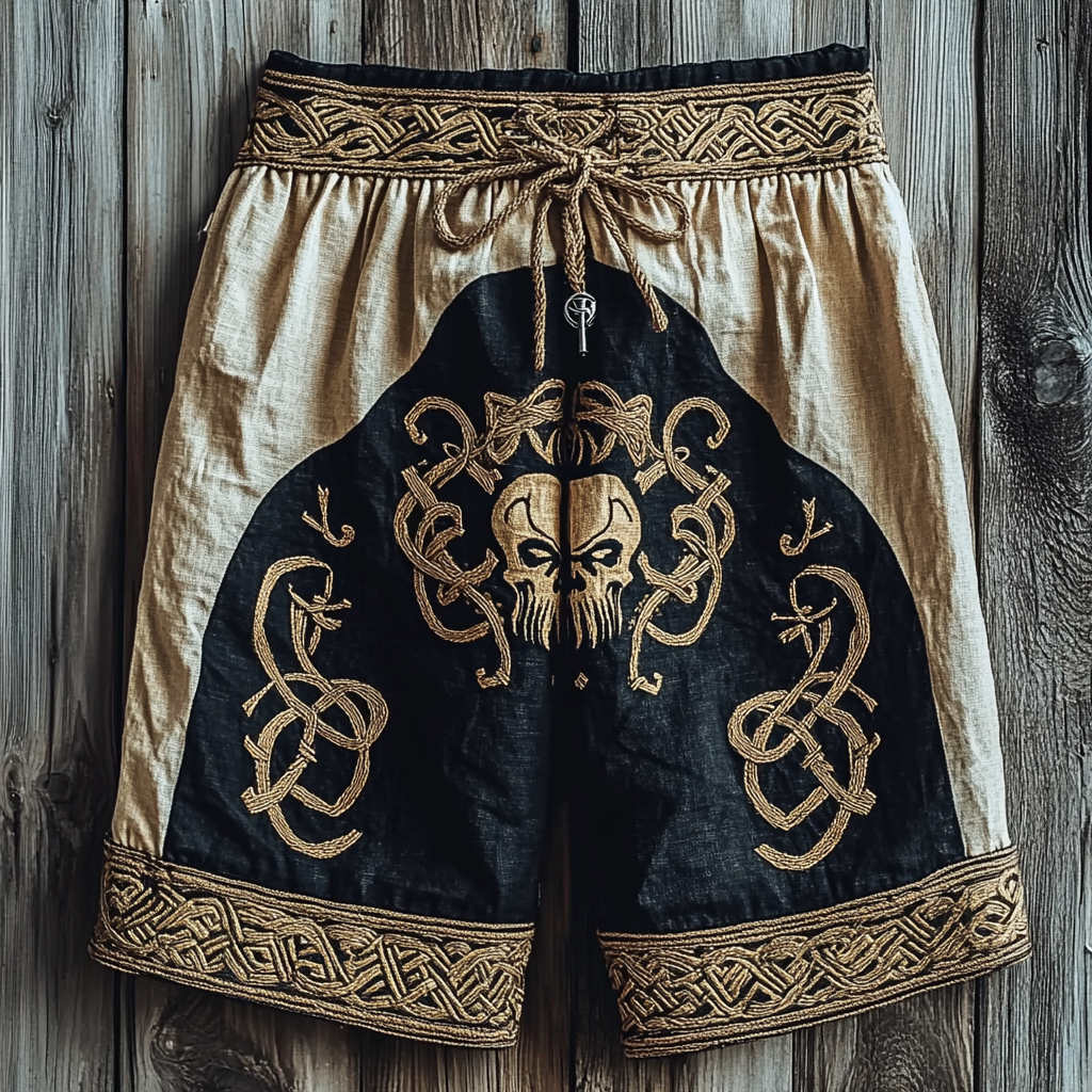 Men's Viking Skull Celtic Knot Embroidered Casual Cropped Pants