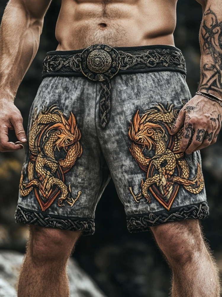 Viking Warrior Dragon Totem Vintage Men's Linen Shorts