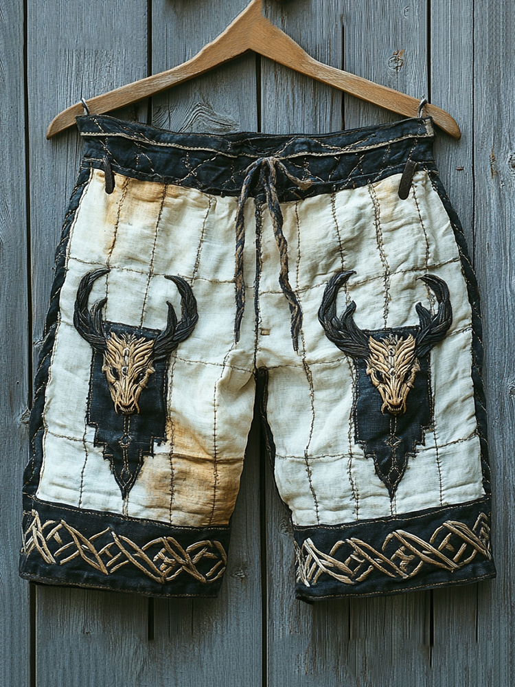 Men's Viking Bull Head Totem Celtic Style Stitching Shorts
