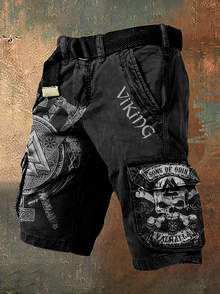 Retro Viking Axe Skull Graphics Art Men's Cargo Shorts