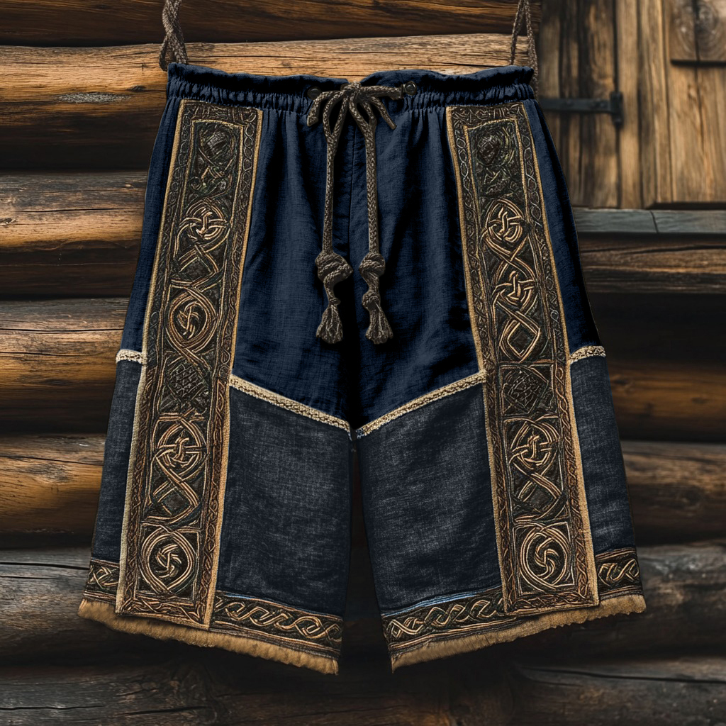 Vintage Viking Celtic Knot Patchwork Art Linen Shorts