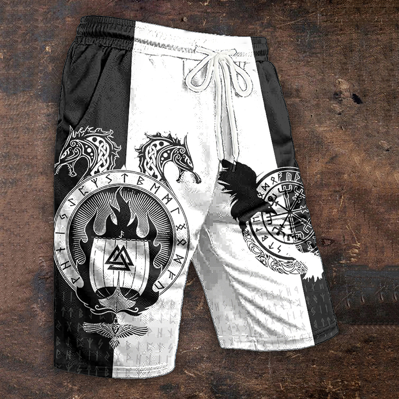 Men's Viking Runes Dragon Totem Contrasting Colors Mesh Shorts