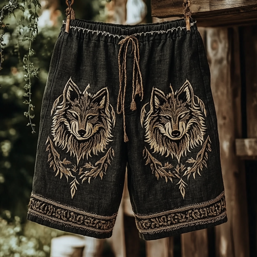 Men's Retro Viking Wolf Rune Print Casual Shorts
