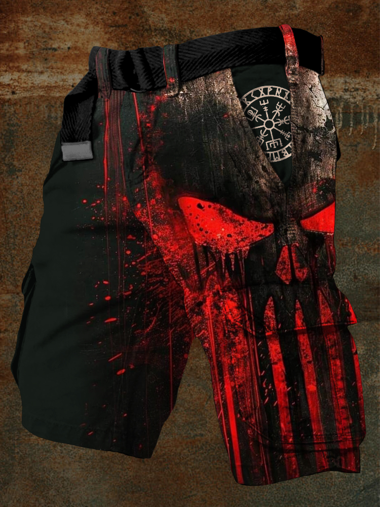 Men's Viking Vegvisir Skull Graphic Vintage Cargo Shorts