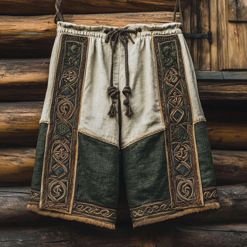 Vintage Viking Celtic Knot Patchwork Art Linen Shorts