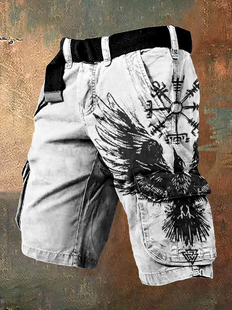 Men'S Retro Viking Rune Birds Art Graphic Cargo Shorts