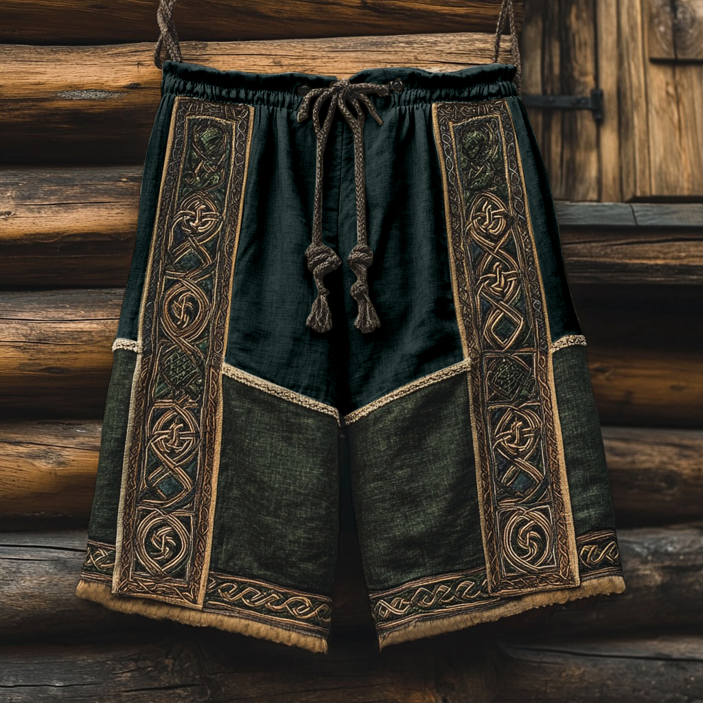 Vintage Viking Celtic Knot Patchwork Art Linen Shorts