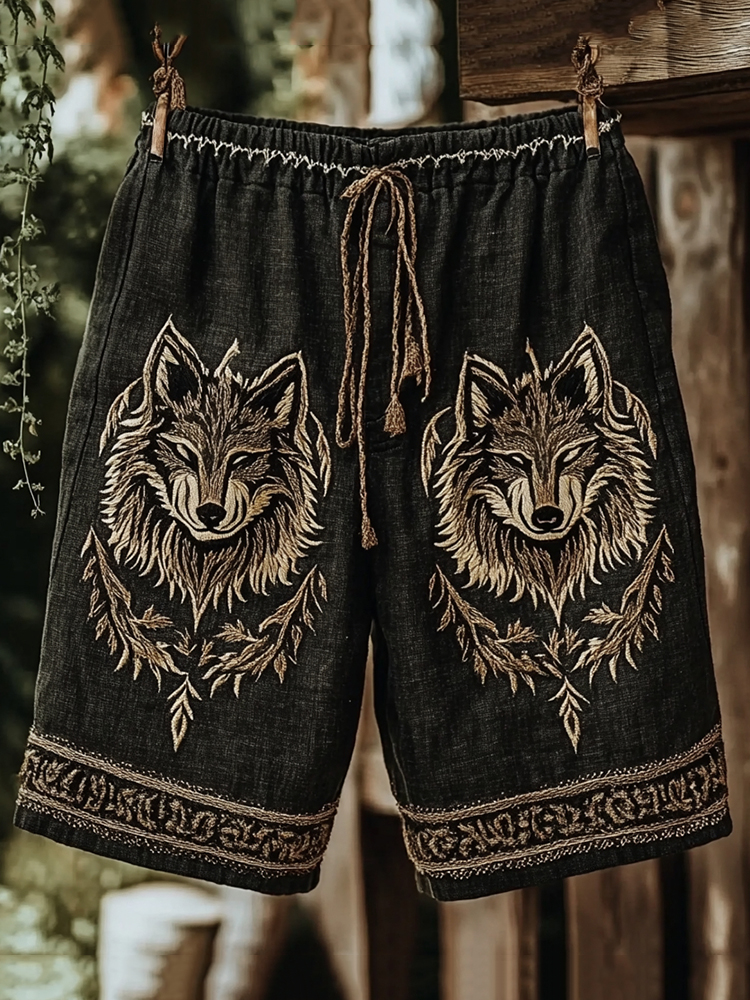 Men's Retro Viking Wolf Rune Print Casual Shorts