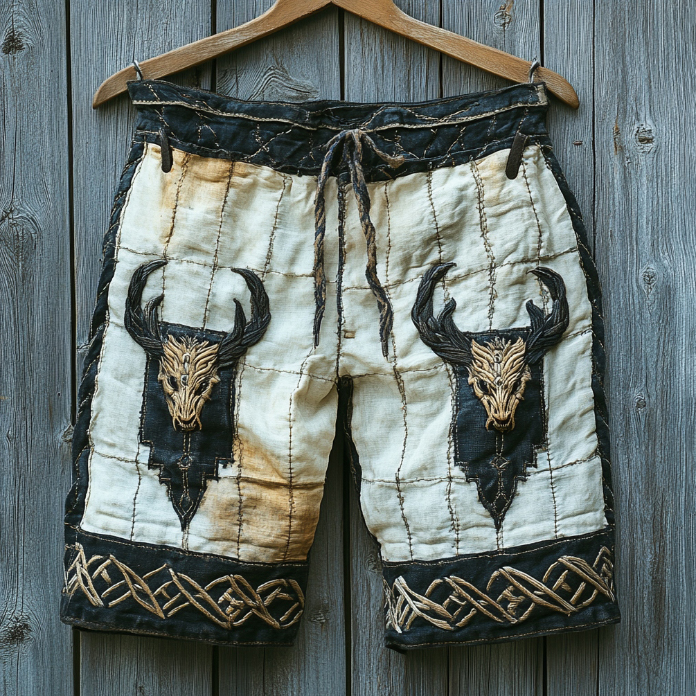 Men's Viking Bull Head Totem Celtic Style Stitching Shorts