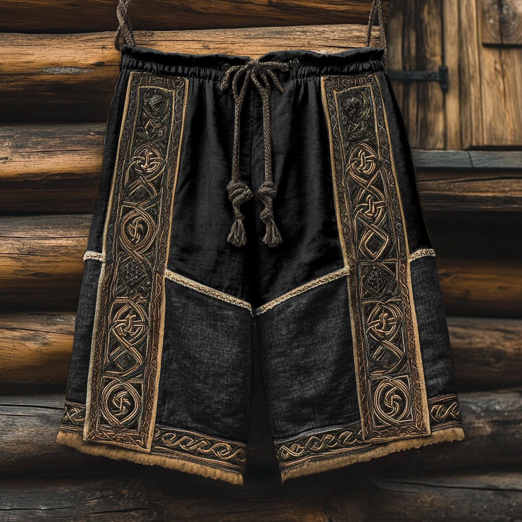 Vintage Viking Celtic Knot Patchwork Art Linen Shorts