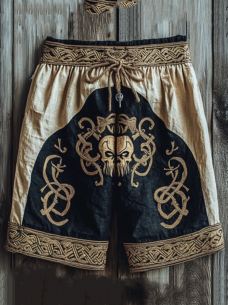 Men's Viking Skull Celtic Knot Embroidered Casual Cropped Pants