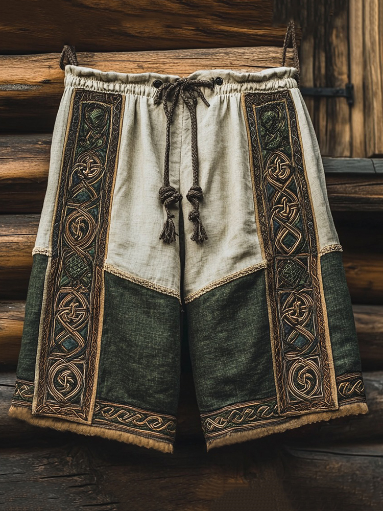 Vintage Viking Celtic Knot Patchwork Art Linen Shorts