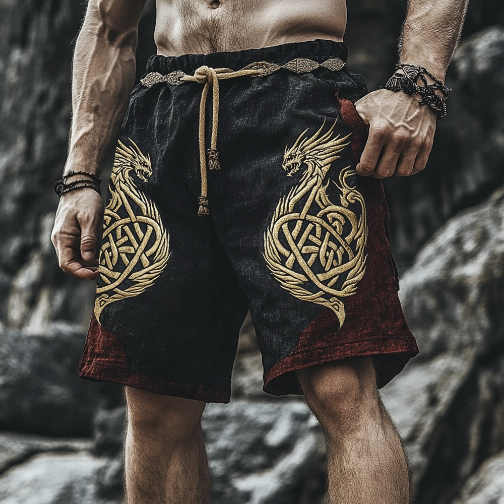 Viking Celtic Dragon Totem Vintage Men's Linen Shorts