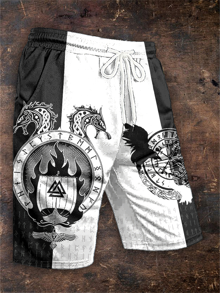 Men's Viking Runes Dragon Totem Contrasting Colors Mesh Shorts