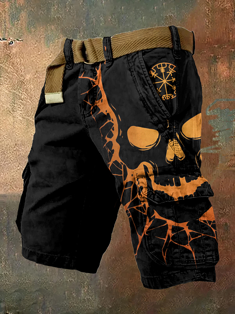 Men'S Vintage Viking Skull Art Graphic Cargo Shorts