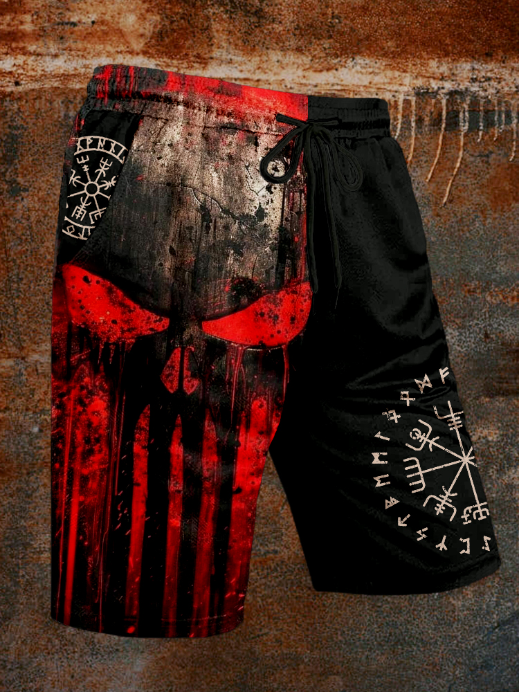 Men's Viking Vegvisir Skull Graphic Vintage Cozy Shorts