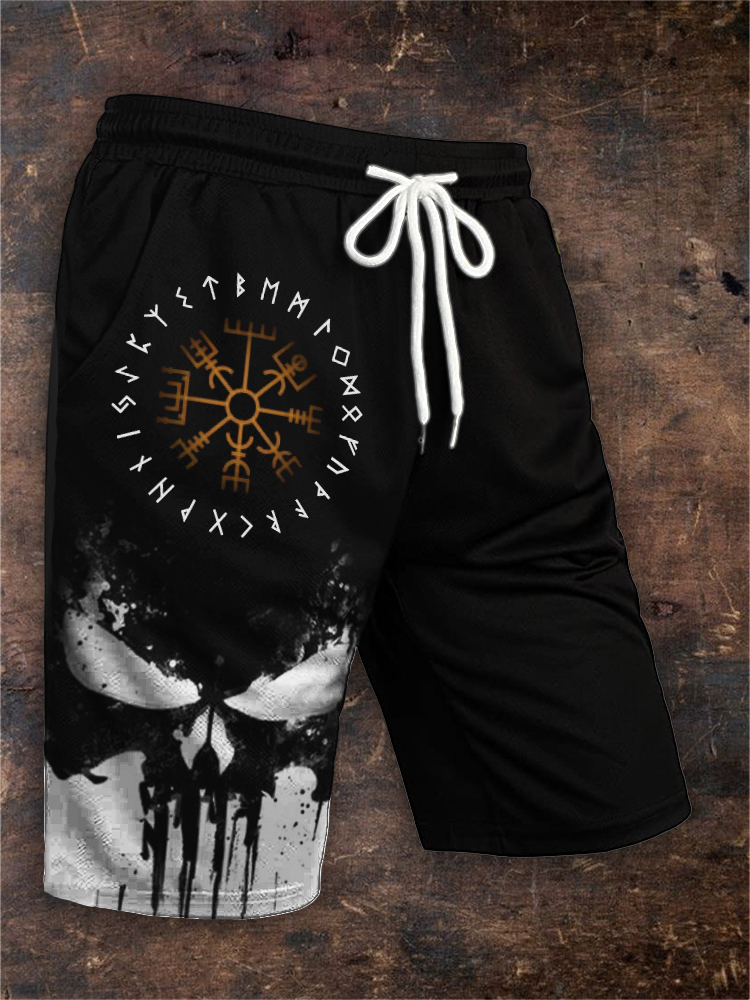 Men's Viking Vegvisir Skull Contrast Drawstring Shorts