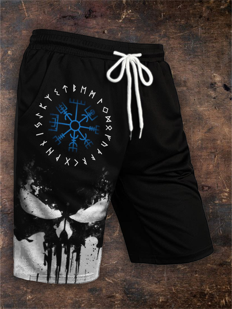 Men's Viking Vegvisir Skull Contrast Drawstring Shorts