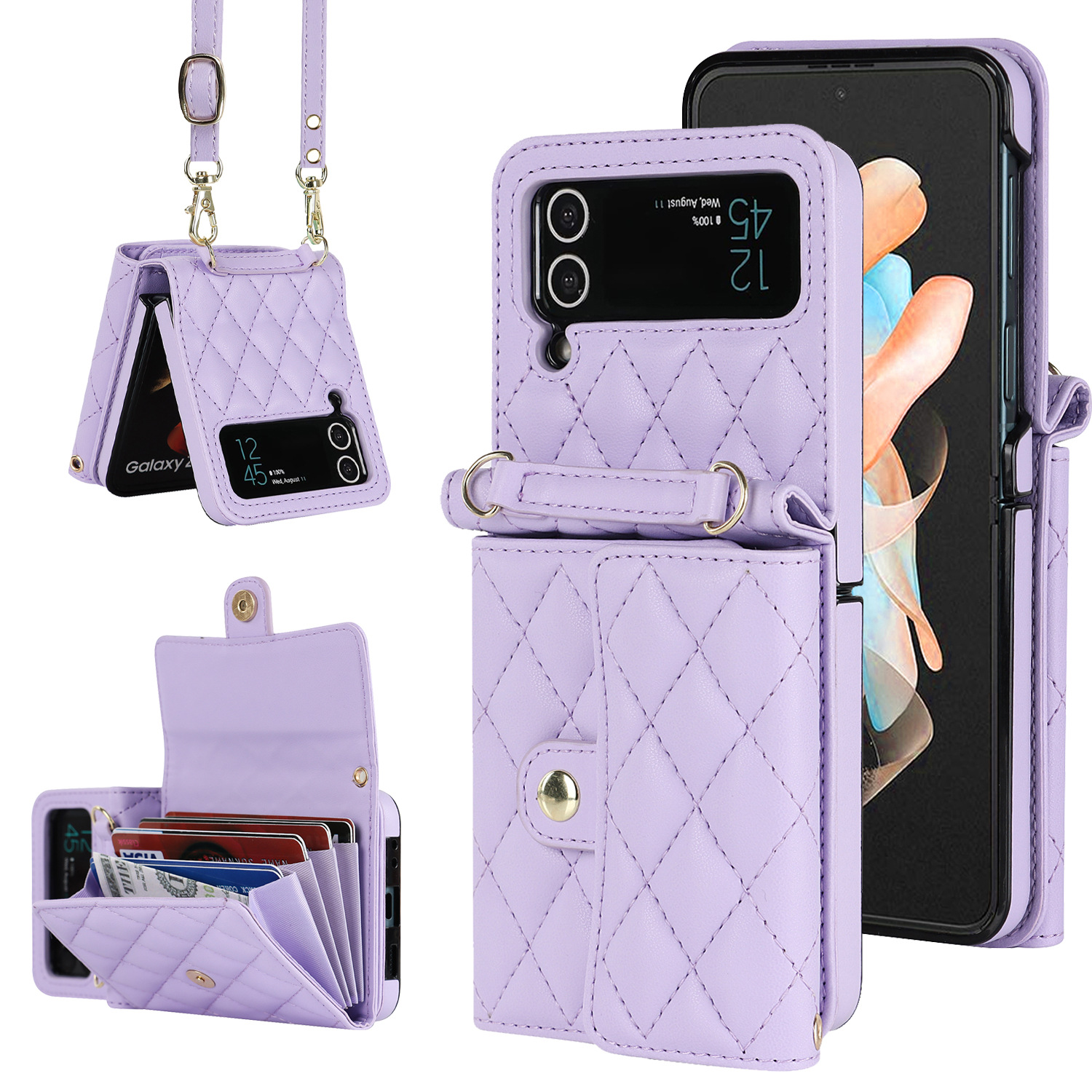Luksusowe skórzane etui na karty z uchwytem na telefon z łańcuszkiem do Samsung Galaxy Z Flip3 Flip4 Flip5 5G