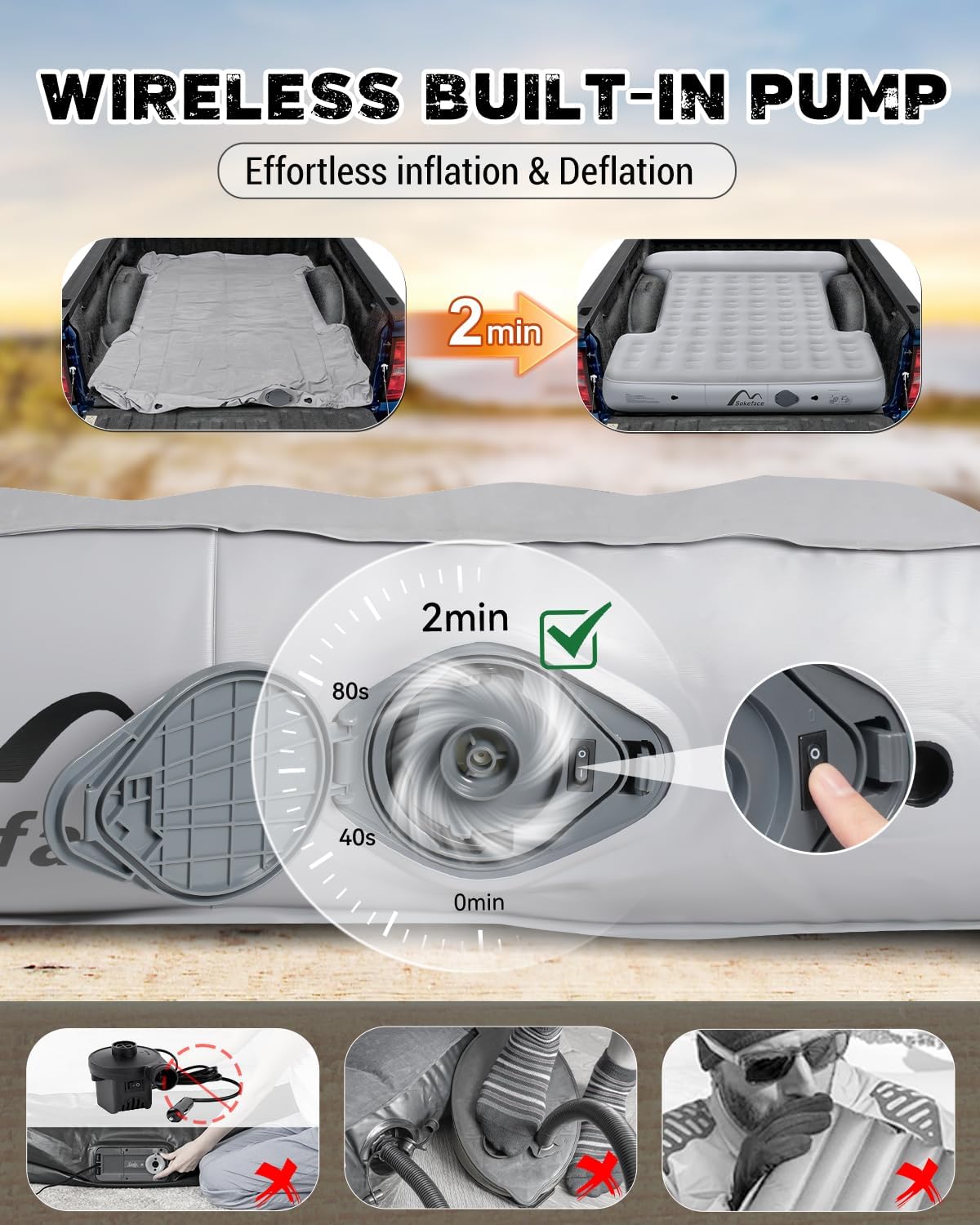 Truck Air Mattress for 5.5-5.8ft Short Truck, Truck Bed Air Mattress Full Size, Wireless Rechargeable Pump, Effortless Setup, with Ultra Carry Bag, for Truck Camping